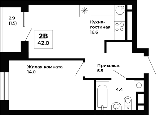 Планировка 1-к.кв, 42 м² в ЖК Космос